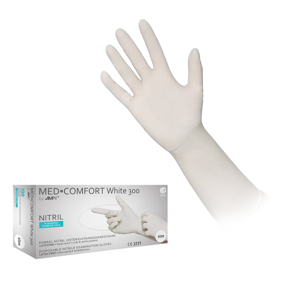 AMPri MED-COMFORT WHITE 300 Nitrilhandschuhe mit Überlänge puderfrei, Weiß-2