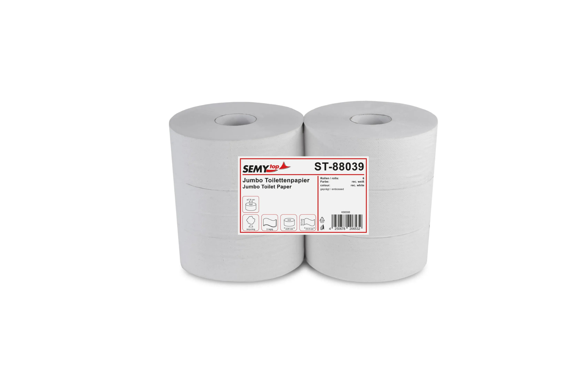 Toilettenpapier Jumbo 2-lg. 25 cm 6 R 55% weiß [SEMYtop ST-88039]