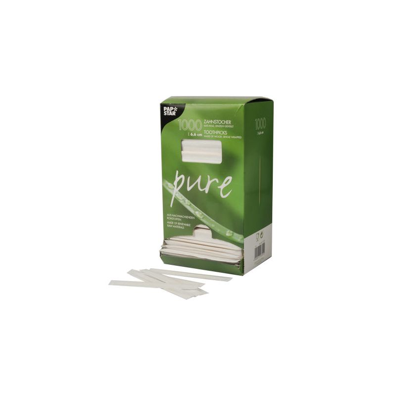 PAPSTAR Zahnstocher "pure" rund, Holz, 6,5 cm | Spenderkarton (1000 Stück)