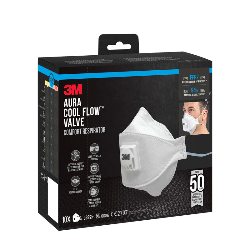 3M™ Aura™ Comfort Cool Flow™ Partikelmaske 9322+, FFP2, mit Ventil-zoom-
