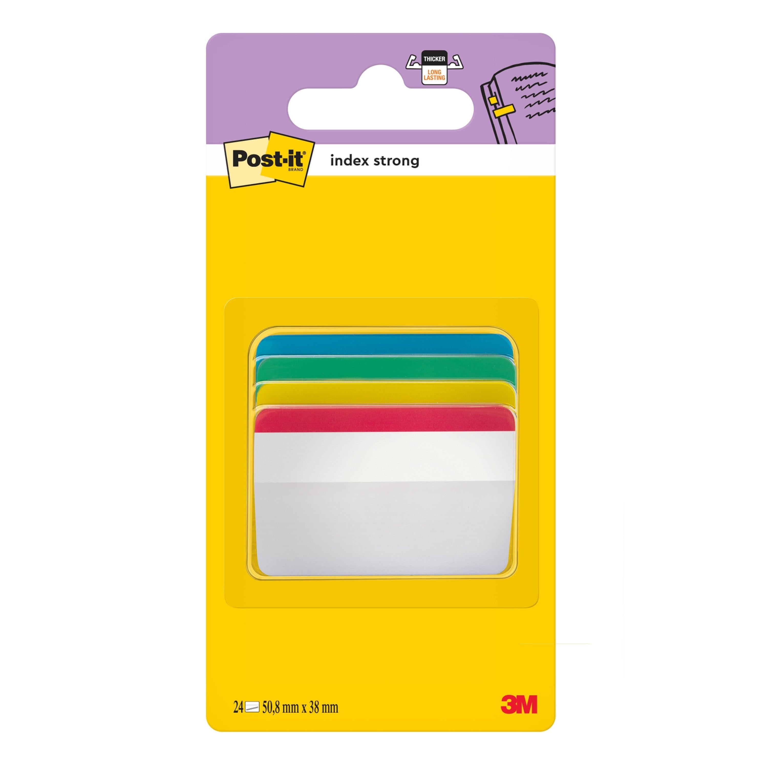 Post-it® Index Strong Ablagetabs, Groß, Rot, Gelb, Blau und Grün, Gebogen, 50.8 mm x 38.1 mm, 24 Haftstreifen/Spender, 1 Spender/Packung | 1 Stück