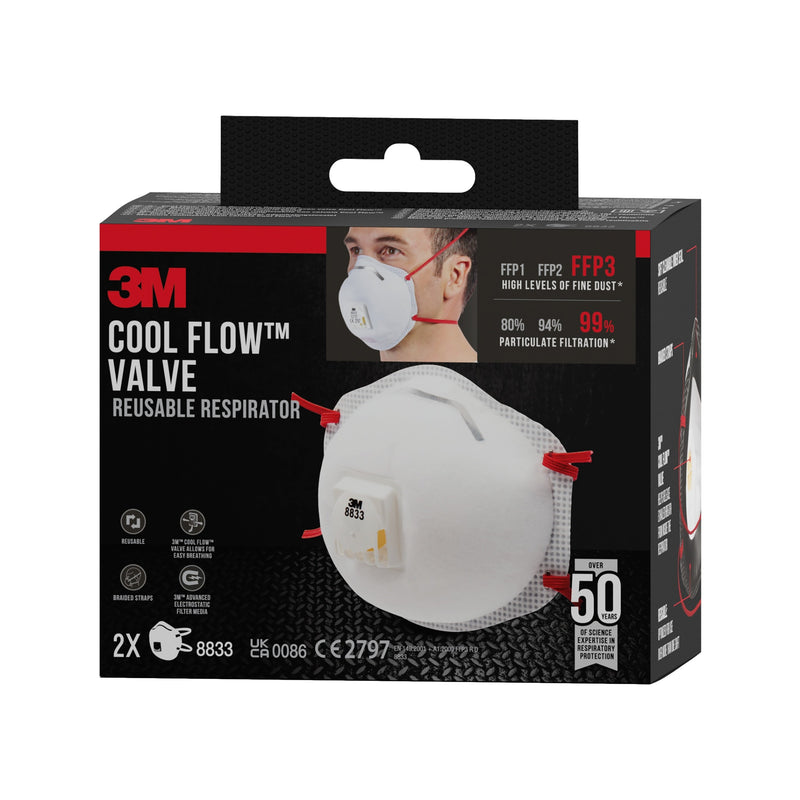 3M™ Cool Flow™ Partikelmaske 8833, FFP3, mit Ventil, 2er-Packung | Packung (1 Stück)-zoom-