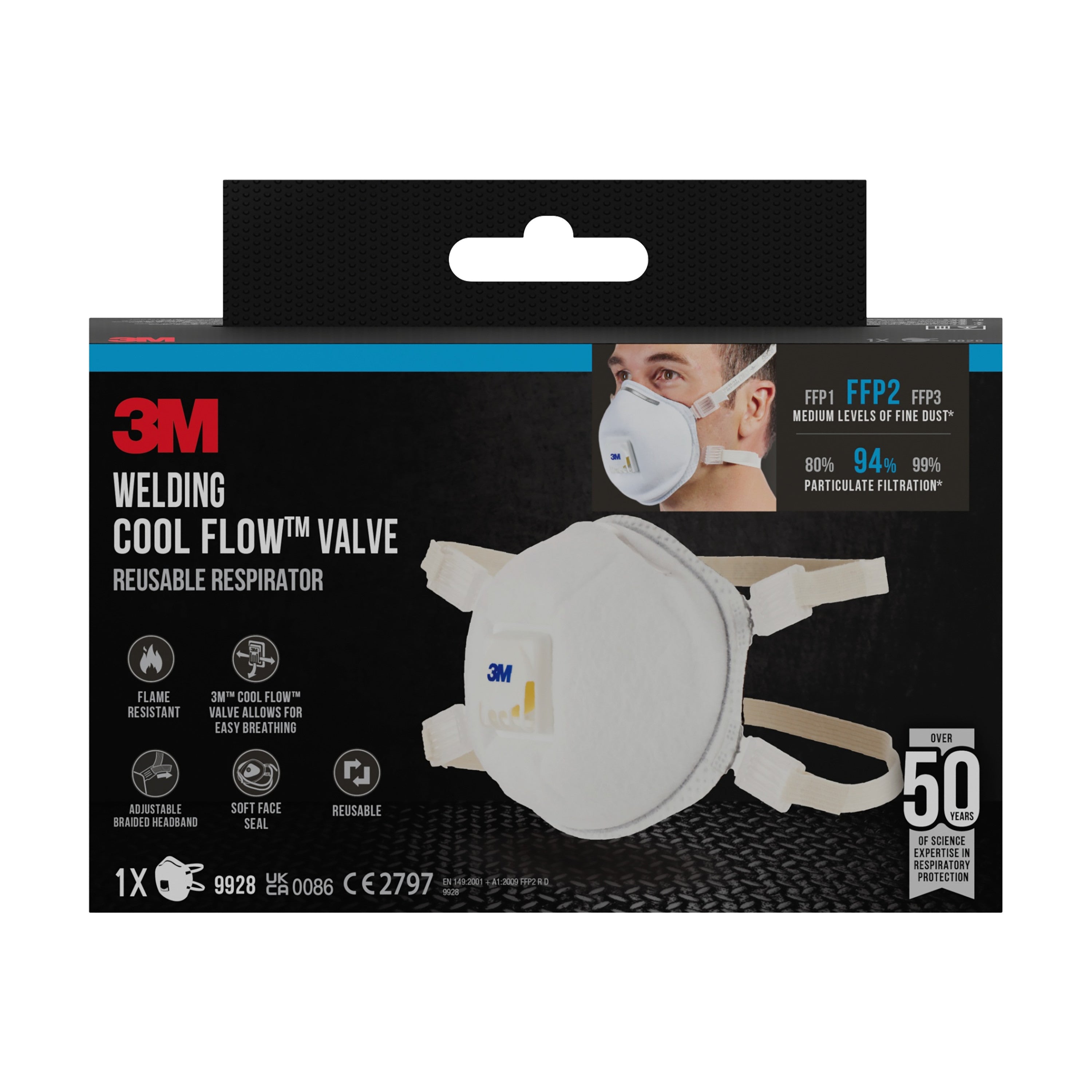 3M™ Cool Flow™ Partikelmaske 9928 für Schweißarbeiten, mit Ventil | Packung (1 Stück)-zoom-1