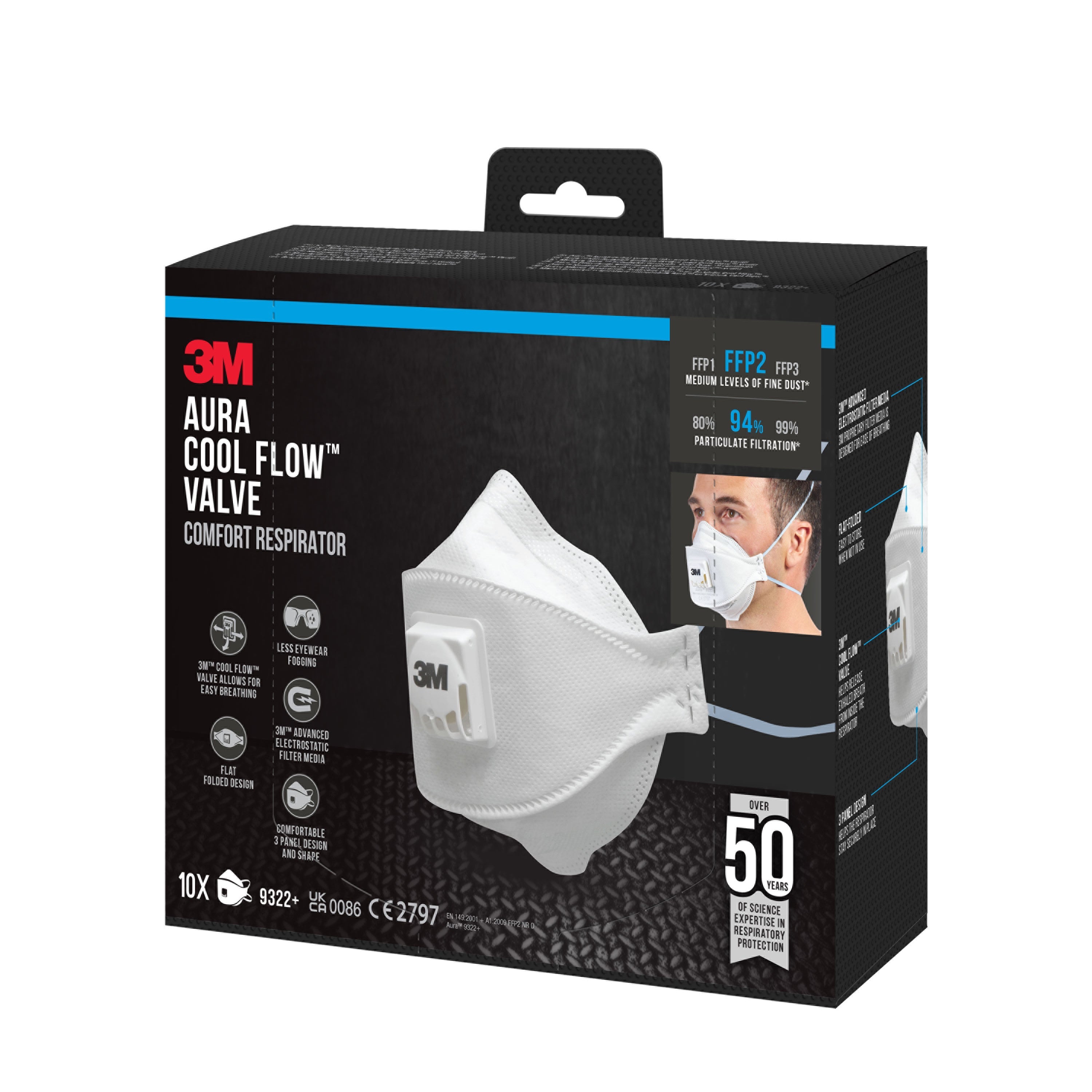 3M™ Aura™ Comfort Cool Flow™ Partikelmaske 9322+, FFP2, mit Ventil-zoom-18