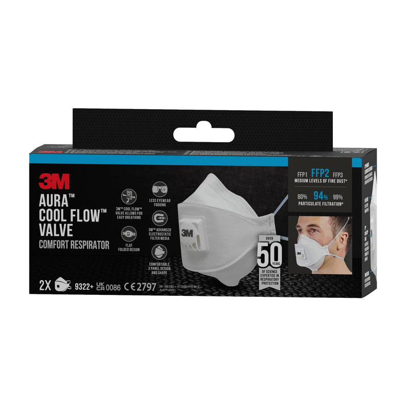 3M™ Aura™ Comfort Cool Flow™ Partikelmaske 9322+, FFP2, mit Ventil-zoom-