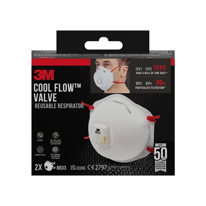 3M™ Cool Flow™ Partikelmaske 8833, FFP3, mit Ventil, 2er-Packung | Packung (1 Stück)-zoom-