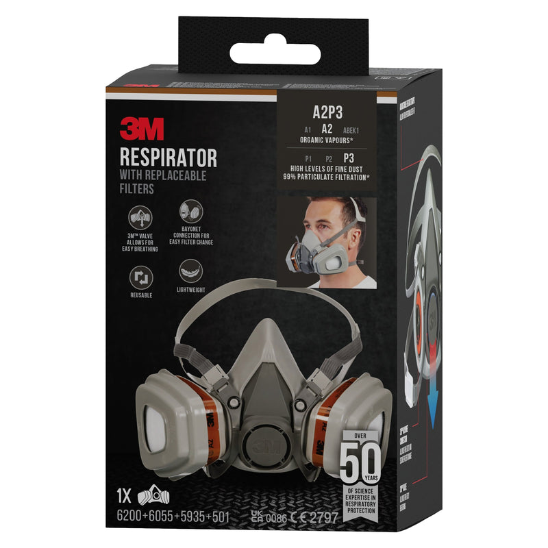 3M™ Atemschutzmaske 6003KIT-1 mit austauschbaren Filtern, A2P3 Organische Dämpfe (1x6200, 2x6055, 2x5935, 2x501) | Packung (1 Stück)-zoom-