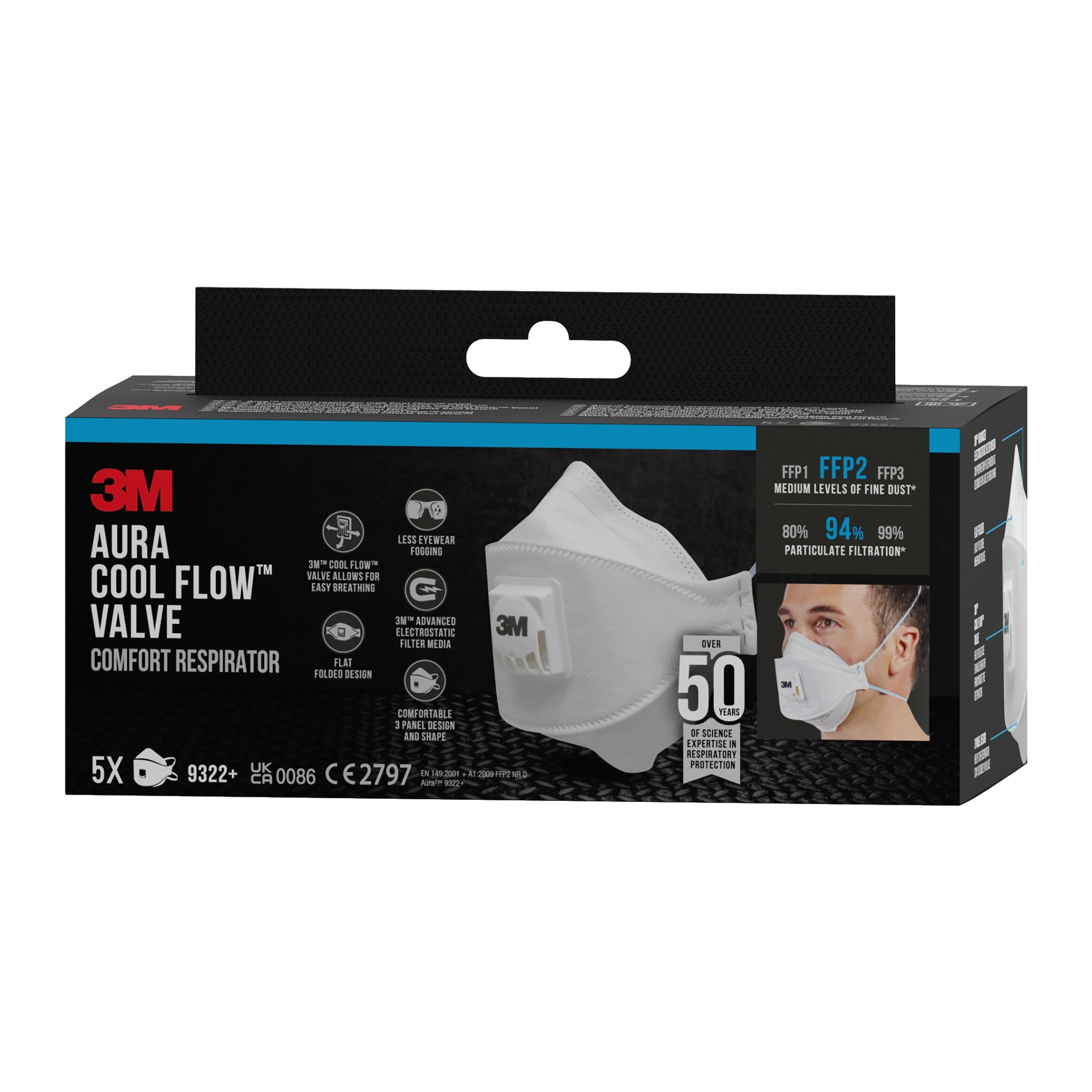3M™ Aura™ Comfort Cool Flow™ Partikelmaske 9322+, FFP2, mit Ventil-zoom-19