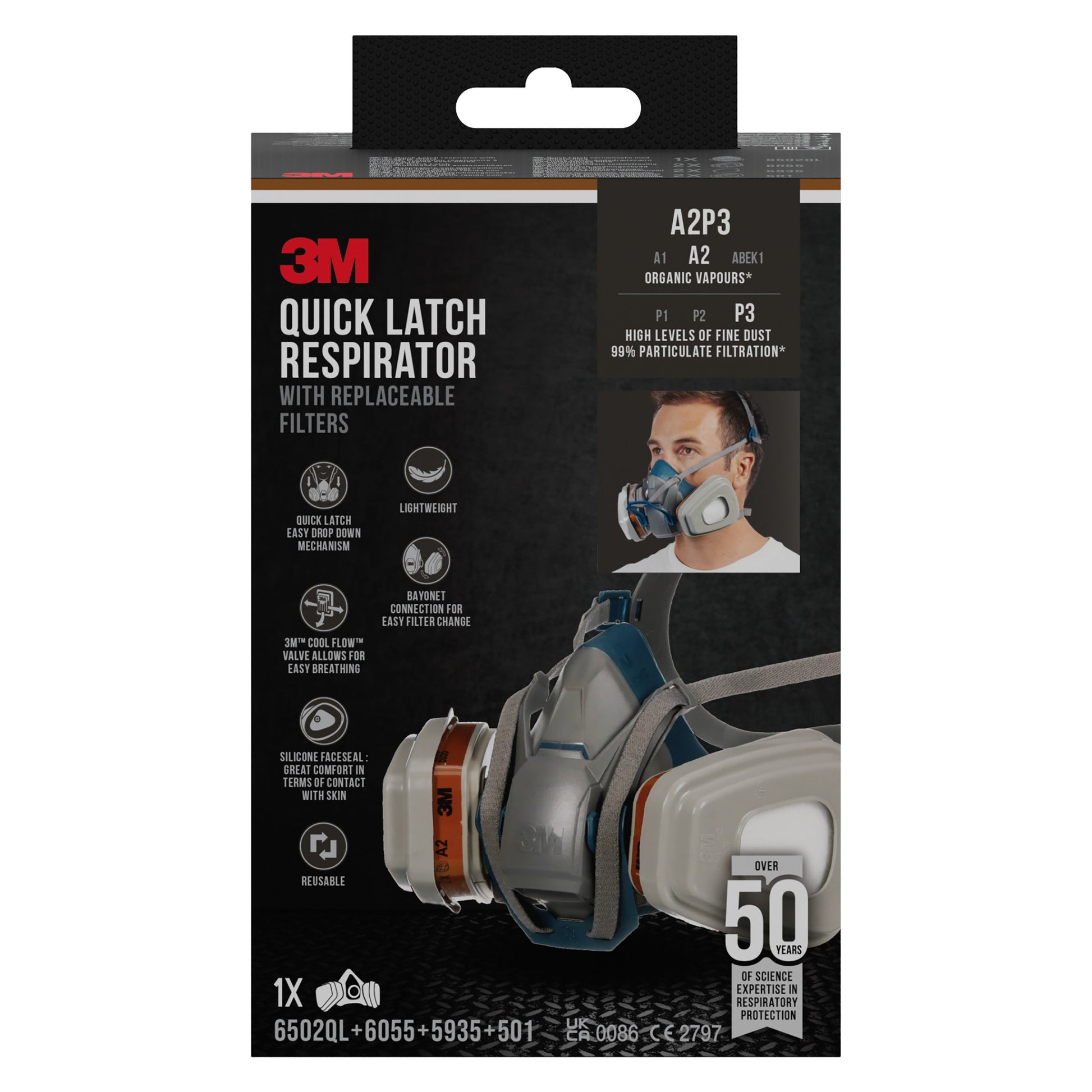 3M™ Quick Latch-Atemschutzmaske 6502QLKIT-1 mit austauschbaren Filtern, A2P3 organische Dämpfe (1x6502, 2x6055, 2x5935, 2x501) | Packung (1 Stück)-1