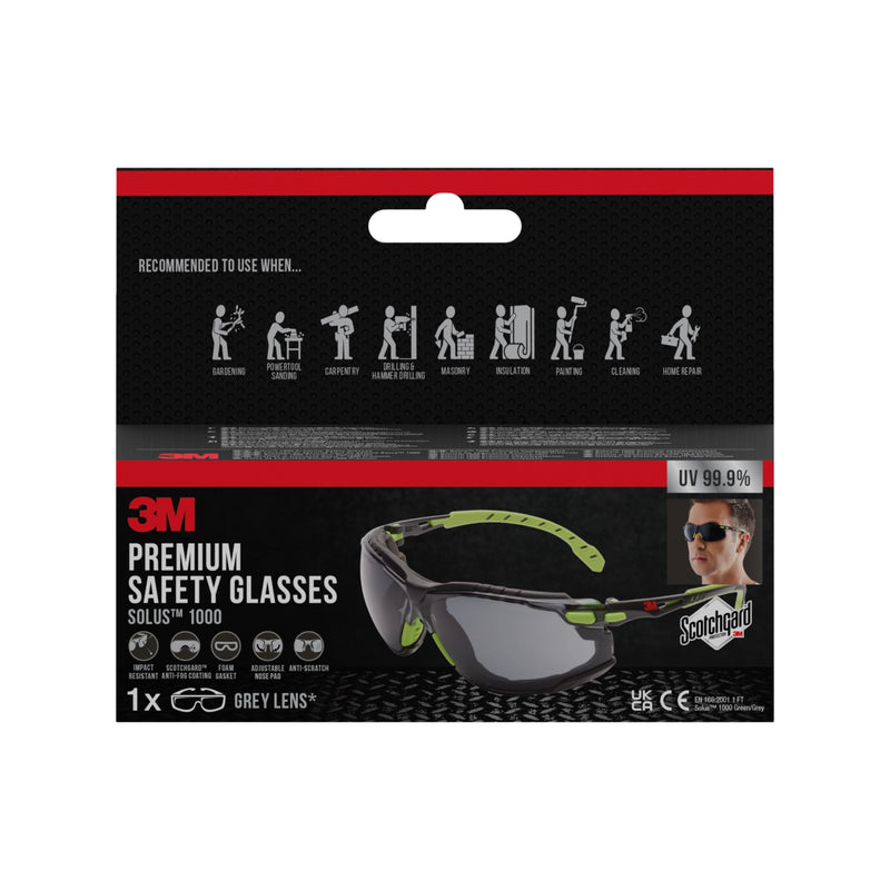 3M™ Solus™ Schutzbrille 1000, Scotchgard™ Protector Antibeschlag-Beschichtung, Grün/Schwarz mit aufsteckbarer Schaumstoffdichtung, graues Glas | Packung (1 Stück)-zoom-