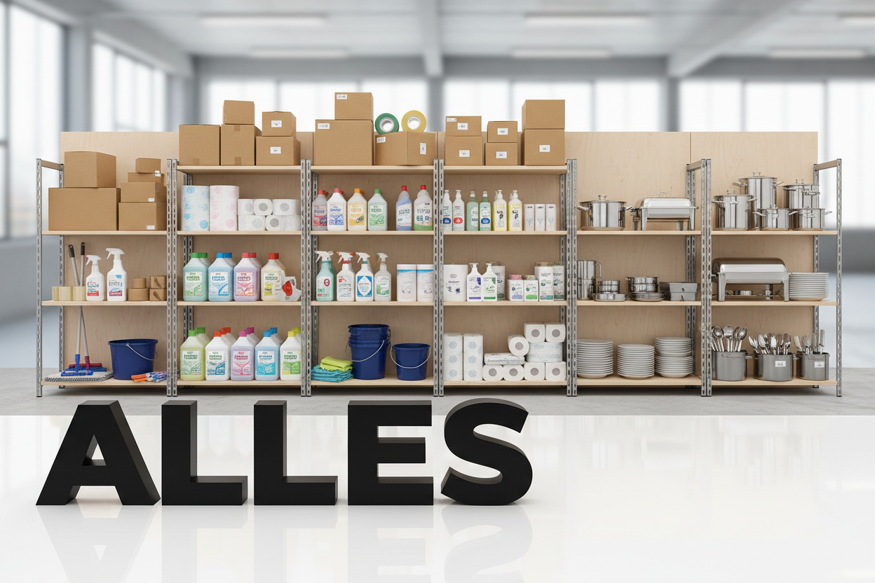 Entdecken Sie unser komplettes Sortiment an professionellen Verpackungs-, Reinigungs-, Hygiene- und Gastronomiebedarf. Hier finden Sie alle verfügbaren Produkte auf einen Blick. und auf dem foto soll all stehen im vordergrund