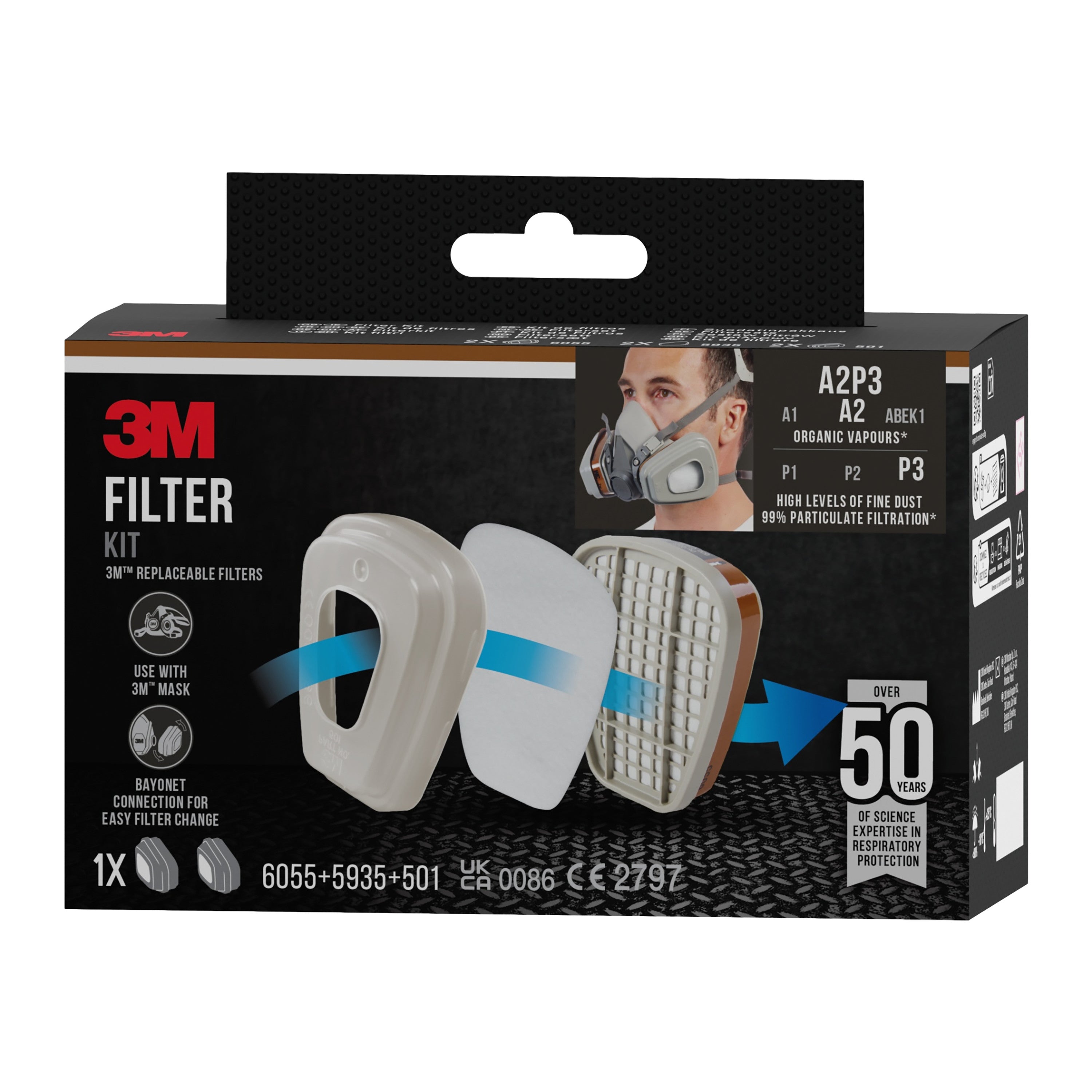 3M™ Filtersatz 6003-1, A2P3 organische Dämpfe (2x6055, 2x5935, 2x501) | Packung (1 Stück)-zoom-5