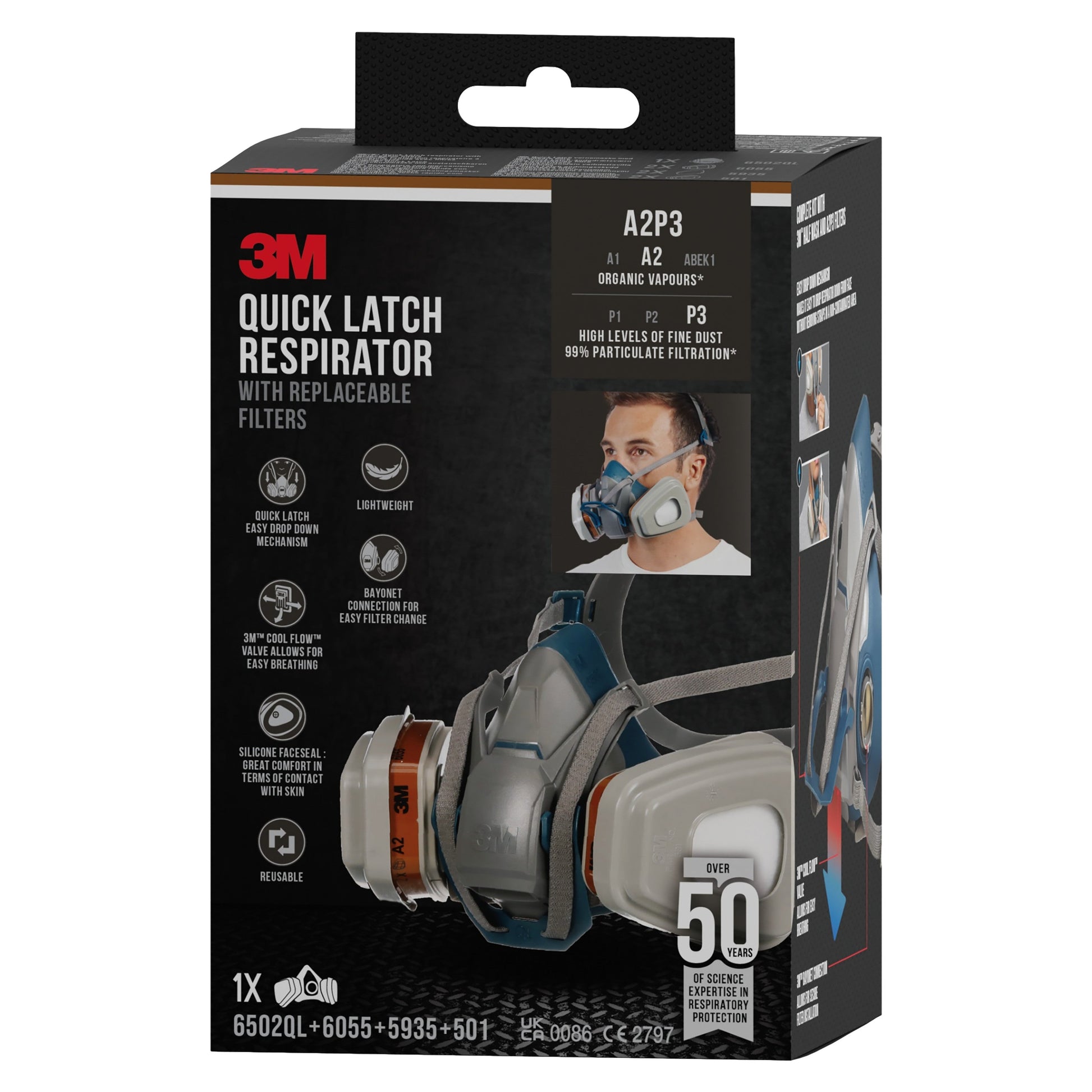 3M™ Quick Latch-Atemschutzmaske 6502QLKIT-1 mit austauschbaren Filtern, A2P3 organische Dämpfe (1x6502, 2x6055, 2x5935, 2x501) | Packung (1 Stück)-5