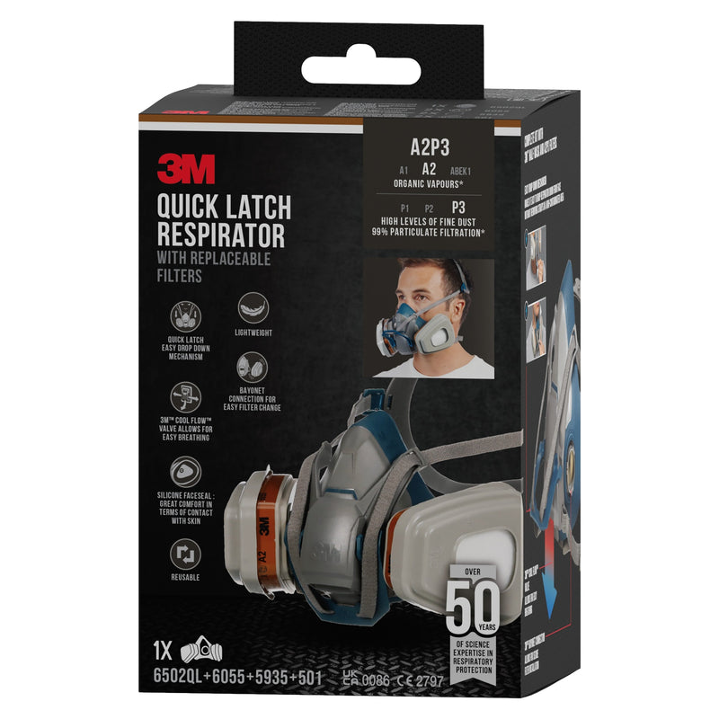 3M™ Quick Latch-Atemschutzmaske 6502QLKIT-1 mit austauschbaren Filtern, A2P3 organische Dämpfe (1x6502, 2x6055, 2x5935, 2x501) | Packung (1 Stück)-zoom-