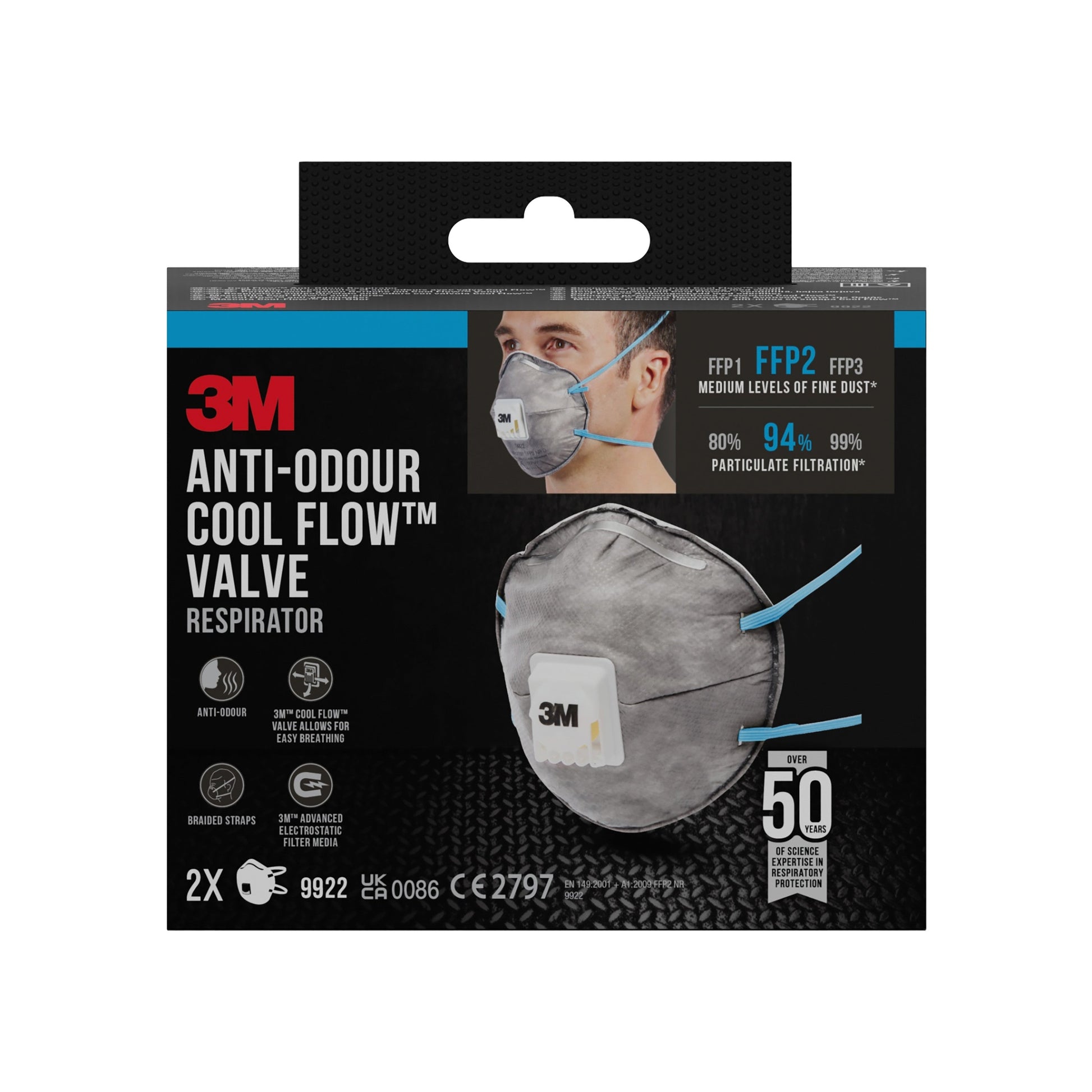3M™ Cool Flow™ Partikelmaske 9922, FFP2, geruchshemmend, mit Ventil, 2er-Pack | Packung (1 Stück)-1